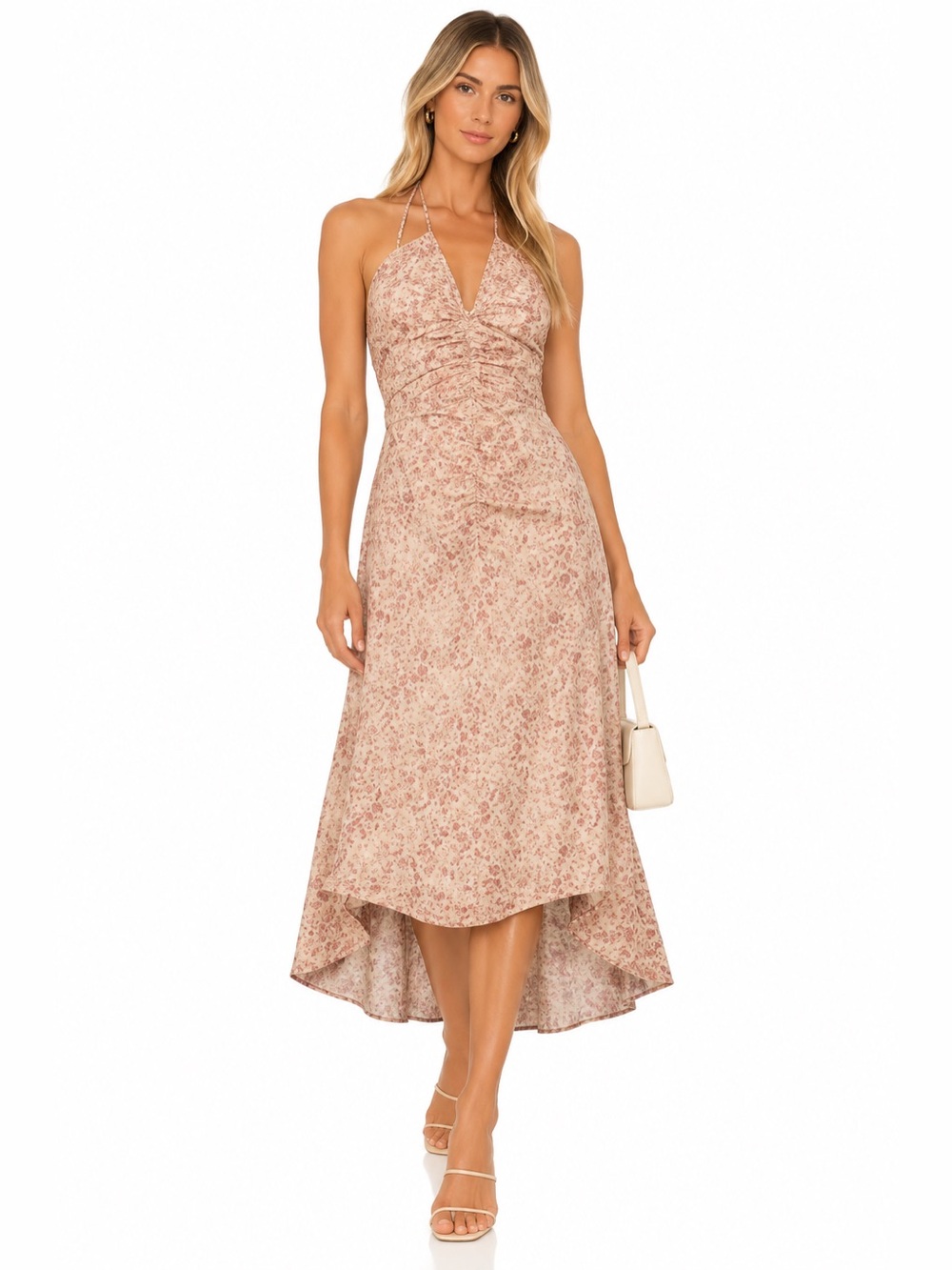 Halter Floral High-Low Midi Dress - Blush Pink